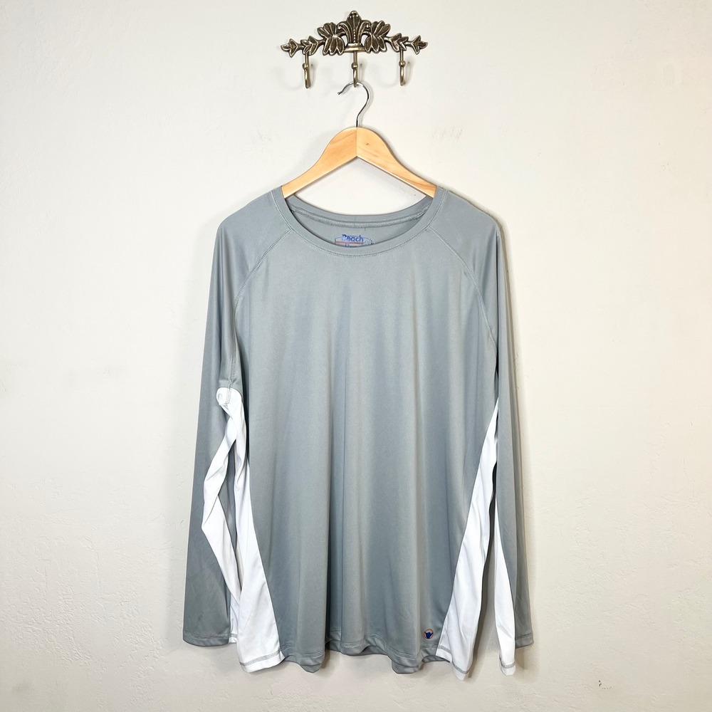Beach Bros Mens XXL‎ Gray White Raglan Long Sleeve Rash Guard Performance Shirt